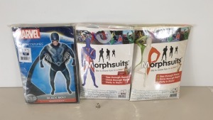 22 X BRAND NEW ASSORTED MORPHSUITS ( 15 X UNION JACK IN SIZE L, 3 X IRELAND IN SIZE M AND 4 X MARVEL BLACK BOLT IN SIZE L) - IN ONE BOX