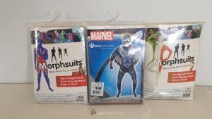 35 X BRAND NEW ASSORTED MORPHSUITS ( 20 X IRELAND IN SIZE M, 8 X UNION JACK IN SIZE L AND 7 X BLACK BOLT IN SIZE L) - IN ONE BOX