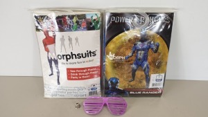 169 X BRAND NEW ASSORTED FANCY DRESS ITEMS ( 19 X BLUE POWER RANGER MORPHSUIT IN SIZE L, 2 X HOLLAND FLAG STYLED MORPHSUIT IN SIZE M AND 148 X PURPLE FANCY DRESS GLASSES - IN ONE BOX