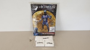 70 X BRAND NEW ASSORTED FANCY DRESS ITEMS ( 23 X BLUE POWER RANGER MORPHSUIT IN SIZE L AND 47 X MORPHSUITS SWEATBANDS SET, HEAD AND WRISTS - IN ONE BOX