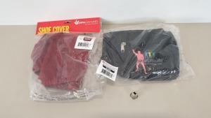 151 X BRAND NEW ASSORTED FANCY DRESS ITEMS ( 101 X MORPHCOSTUMES MAROON SHOE COVER AND 50 X MORPHSUIT BLACK BUMBAG) - IN ONE BOX