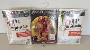 33 X BRAND NEW ASSORTED MORPHSUITS (8 X ENGLAND FLAG STYLED IN SIZE XXL, 20 X RED POWER RANGERS IN SIZE L AND 5 X IRELAND FLAG STYLED IN SIZE XXL) - IN ONE BOX