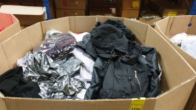 FULL PALLET OF CLOTHING IE IDENTITI CUSTOM COLLECTION SHIRTS IN VARIOUS STYLES, KLESSMAN COLLECTION DRESSES, EIGHT PARIS DRESSES, BOOHOO TOPS AND VARIOUS OTHER TOPS, PANTS, JACKETS ETC