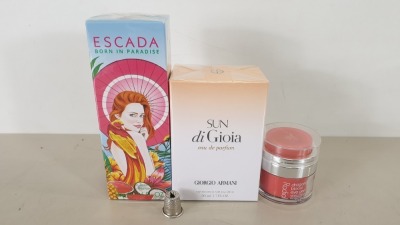 10 X ASSORTED COSMETICS/PERFUME LOT CONTAINING 8 X BRAND NEW BOXED ESCADA 50ML EAU DE TOILETTE, 1 X BRAND NEW BOXED SUN DI GIOIA 50ML GIORGIO ARMANI EAU DE PARFUM AND 1 X BRAND NEW RODIAL DRAGONS BLOOD EYE GEL (15ML)