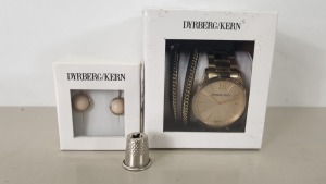 6 PIECE ASSORTED JEWELLERY LOT CONTAINING 2 X DYRBERG/KERN WATCH AND BANGLES AND 2 X DYRBERG/KERN EAR RINGS