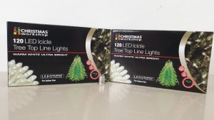 24 X BRAND NEW THE CHRISTMAS WORKSHOP 120 LED ICICLE TREE TOP LINE LIGHTS, WITH WARM WHITE ULTRA BRIGHT LIGHTS - IN 2 BOXES