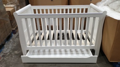 BRAND NEW MOTHERCARE HIGH GLOSS WHITE SLEIGH COT BED WITH STORAGE DRAWER - (KB488) - RRP £299 - IN 2 BOXES