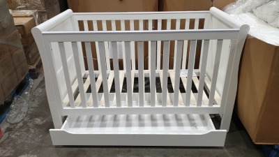 BRAND NEW MOTHERCARE HIGH GLOSS WHITE SLEIGH COT BED WITH STORAGE DRAWER - (KB488) - RRP £299 - IN 2 BOXES