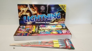 62 X ASSORTED BRITISH BULLDOG FIREWORKS - CONSISTING OF 2 X BRAND NEW 31PC LIGHTNING SELECTION BOXES EACH OF WHICH INCLUDES A 250 SHOT MISSILE BARRAGE (NEC TOTAL 2.36KG - MAX 5KG PER CUSTOMER WITHOUT A NEC LICENSE) - PICK LOOSE- TOTAL ORIG RRP £398