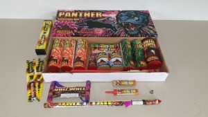 44 X ASSORTED FIREWORKS - CONSISTING OF 2 X BRAND NEW 22 PC PANTHER SELECTION BOXES (NEC TOTAL 0.814KG - MAX 5KG PER CUSTOMER WITHOUT A NEC LICENSE) PLUS 59 PACKS OF 12 GOLD SPARKLERS TOTAL RRP £239