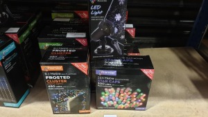 9 X PIECE MIXED PREMIER LIGHTS LOT CONTAINING 25M MULTIACTION TREE BRIGHTS, 22.5M MULTI-COLOURED STAR CAPS AND LED LIGHT SNOW STORM PROJECTORS ETC