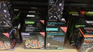 9 X PIECE MIXED PREMIER LIGHTS LOT CONTAINING 25M MULTIACTION TREE BRIGHTS, 22.5M MULTI-COLOURED STAR CAPS AND LED LIGHT SNOW STORM PROJECTORS ETC