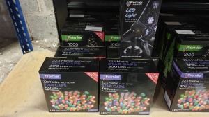 9 X PIECE MIXED PREMIER LIGHTS LOT CONTAINING 25M MULTIACTION TREE BRIGHTS, 22.5M MULTI-COLOURED STAR CAPS AND LED LIGHT SNOW STORM PROJECTORS ETC