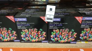 12 X BRAND NEW PREMIER 22.5M MULTI COLOURED/ ACTION 300 LED STAR CAPS WITH GREEN CABLE