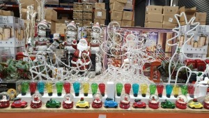 APPROX 80+ PIECE MIXED PREMIER CHRISTMAS LOT IE. SET OF 3 LIT UP PRESENTS, ACRYLIC SLEIGH AND REINDEERS, TELEPHONE BOX WITH CHRISTMAS SCENES, LARGE QUANTITY OF CHRISTMAS ORNAMENTS, (SNOWGLOBES & CHRISTMAS CARDS), VARIOUS HOUSE AND TREE DECORATIONS ETC.