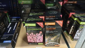 8 PIECE MIXED PREMIER SUPABRIGHTS LOT IE. CLUSTER 6.2M MULTI COLOURED, MULTI ACTION BRIGHTS, 16M PINK BRIGHTS WITH CLEAR CABLE, 2000 LED MULTI ACTION TREE BRIGHTS 50M ETC.