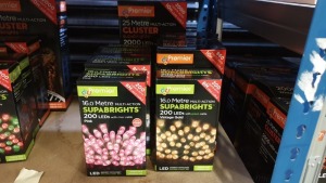 8 PIECE MIXED PREMIER SUPABRIGHTS LOT IE, 25M CLUSTER MULTI ACTION WARM WHITE BRIGHTS, 12.4M VINTAGE GOLD CLUSTER BRIGHTS AND 16M MULTI ACTION PINK BRIGHTS WITH CLEAR CABLE ETC.