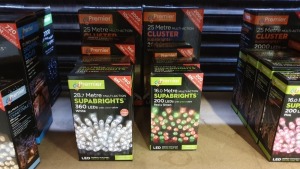 8 PIECE MIXED PREMIER SUPABRIGHTS LOT IE, 28.7M 360 LED WHITE BRIGHTS WITH CLEAR CABLE, 16M RED & GREEN BRIGHTS WITH GREEN CABLE, 25M CLUSTER VINTAGE GOLD / WARM WHITE BRIGHTS ETC.