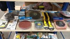 83 ASSORTED TOOLS AND SPARES ON 2 SHELVES IE. SANDING DISCS, BACKING PADS, BRUSHES, TRIMMER LINE, HINGED SCREW OUNCH, METAL BRADES, REPLACEMENT LINES IN BRANDS MAKIKA, BOSCH, SILVERLINE AND OTHERS - ON 2 SHELVES