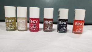 405 X BRAND NEW 12ML BINKY LONDON NAIL POLISH IN VARIOUS COLOURS IE TANGERINE, ROSE BLUSH, PARIS PEARL, DEEP SEA NAVY, ENCHANTED GREEN AND MOCHA - IN 12 BOXES RRP £805.95