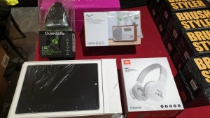 4 PIECE ASSORTED LOT CONTAINING UBL HARMAN E45BT BLUETOOTH HEADPHONES, BUSH DAB/FM RADIO, GUARDZILLA ALL IN ONE VIDEO SECURITY SYSTEM AND MICROSOFT SURFACE TABLET.