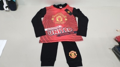 50 X BRAND NEW BAGGED CHILDRENS MANCHESTER UNITED PYJAMAS (SIZES 7/8, 9/10 AND 11/12) - IN ONE BOX