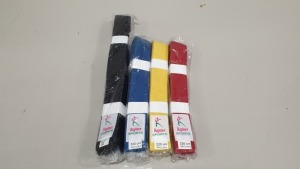 60 X BRAND NEW BAGGED KARATE BELTS IN COLOURS BLACK,RED,YELLOW,BLUE (VARIOUS SIZES) - IN ONE BOX