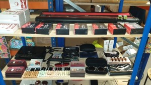 APPROX 90+ ASSORTED LOT CONTAINING RILEYS POOL CUE, LEVIS WALLET, VARIOUS CLOTHES, AERO TANK TURBO QUAD COIL,, VARIOUS SUNGLASSES, VARIOUS MAKE UP ETC - ON 4 SHELVES