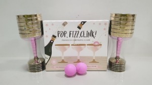 30 X BRAND NEW POP,FIZZ,CLINK PROSECCO DRINKING GAME (CONTAINS SET OF 12 PLASTIC PROSECCO GLASSES, 2 HOTPINK AND 2 PINK PING PONG BALLS) - IN 10 BOXES