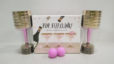 30 X BRAND NEW POP,FIZZ,CLINK PROSECCO DRINKING GAME (CONTAINS SET OF 12 PLASTIC PROSECCO GLASSES, 2 HOTPINK AND 2 PINK PING PONG BALLS) - IN 10 BOXES