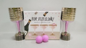 30 X BRAND NEW POP,FIZZ,CLINK PROSECCO DRINKING GAME (CONTAINS SET OF 12 PLASTIC PROSECCO GLASSES, 2 HOTPINK AND 2 PINK PING PONG BALLS) - IN 10 BOXES