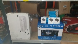 APPROX 30 X ITEMS TO INCLUDE - MIDI HI-FI SYSTEM 3CD TURNTABLE & RADIO, 1500W RADIATOR, 28 X SCART ADAPTORS