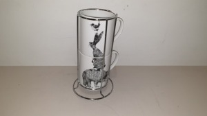 40 X SET OF 2 STACKING MUGS WITH METAL FRAME - ANIMAL PRINT ON MUGS *NOTE METAL STAND TARNISHED CONTAINED IN 10 BOXES