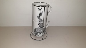 40 X SET OF 2 STACKING MUGS WITH METAL FRAME - ANIMAL PRINT ON MUGS *NOTE METAL STAND TARNISHED CONTAINED IN 10 BOXES