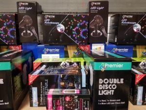 9 PIECE ASSORTED BRAND NEW PREMIER LIGHT LOT CONTAINING LED KALEIDOSCOPE, LED LIGHT SNOWSTORM PROJECTOR, 2000 MULTI ACTION MULTI COLOURED LED CLUSTERLIGHTS, 480 MULTI ACTION CLUSTER LIGHTS, DOUBLE DISCO LIGHT, 3.1M MULTI ACTION INTERCHANGEABLE CONNECTABLE