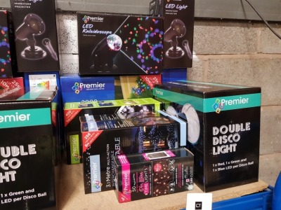 9 PIECE ASSORTED BRAND NEW PREMIER LIGHT LOT CONTAINING LED KALEIDOSCOPE, LED LIGHT SNOWSTORM PROJECTOR, 2000 MULTI ACTION MULTI COLOURED LED CLUSTERLIGHTS, 480 MULTI ACTION CLUSTER LIGHTS, DOUBLE DISCO LIGHT, 3.1M MULTI ACTION INTERCHANGEABLE CONNECTABLE