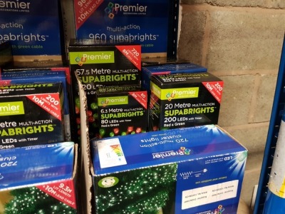 7 PIECE ASSORTED BRAND NEW PREMIER LIGHT LOT CONTAINING 720 WHITE LED MULTI ACTION CLUSTER LIGHTS, 20M 200LED MULTI ACTION SUPABRIGHTS, 120 WHITE LED MULTI ACTION SUPABRIGHTS, 6.3M 80 LED MULTI ACTION SUPABRIGHTS, 500 LED MULTI ACTION TREE BRIGHTS, 960 WA