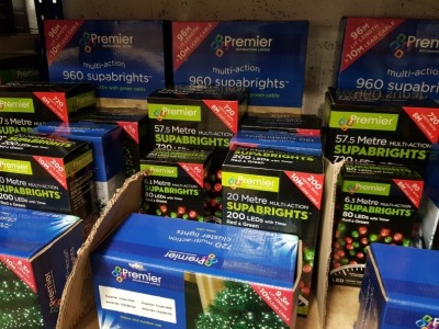 7 PIECE ASSORTED BRAND NEW PREMIER LIGHT LOT CONTAINING 720 WHITE LED MULTI ACTION CLUSTER LIGHTS, 20M 200LED MULTI ACTION SUPABRIGHTS, 120 WHITE LED MULTI ACTION SUPABRIGHTS, 6.3M 80 LED MULTI ACTION SUPABRIGHTS, 500 LED MULTI ACTION TREE BRIGHTS, 960 WA