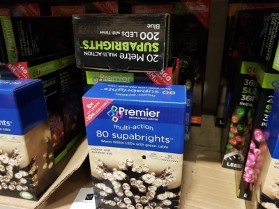 6 PIECE ASSORTED BRAND NEW PREMIER LIGHT LOT CONTAINING 25M 2000 LED MULTI ACTION CLUSTER SUPABRIGHTS, 240 LED CASCADING WATERFALL CURTAIN LIGHT, 8M LL 80 WARM WHITE LED SUPABRIGHTS, 36M 360 LED SUPABRIGHTS, 28.7M 360 LED MULTI ACTION SUPABRIGHTS AND 20M