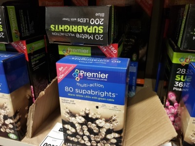 6 PIECE ASSORTED BRAND NEW PREMIER LIGHT LOT CONTAINING 25M 2000 LED MULTI ACTION CLUSTER SUPABRIGHTS, 240 LED CASCADING WATERFALL CURTAIN LIGHT, 8M LL 80 WARM WHITE LED SUPABRIGHTS, 36M 360 LED SUPABRIGHTS, 28.7M 360 LED MULTI ACTION SUPABRIGHTS AND 20M