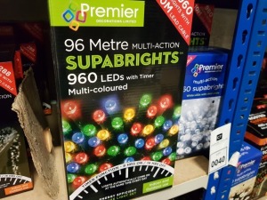 6 PIECE ASSORTED BRAND NEW PREMIER LIGHT LOT CONTAINING 5 X 96M MULTI ACTION SUPABRIGHTS ( 960 MULTI-COLOURED LEDS WITH TIMER) AND 10M LEAD CABLE AND 360 LED MULTI ACTION SUPABRIGHTS.
