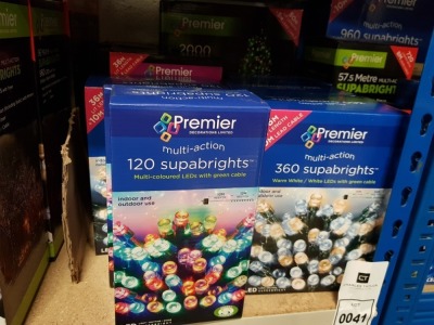 9 PIECE ASSORTED BRAND NEW PREMIER LIGHT LOT CONTAINING 2 X 120 MULTI ACTION SUPABRIGHTS WITH MULTI-COLOURED LEDS, 4 X 36M LIT LENGTH 360 LED MULTI ACTION SUPABRIGHTS, 2 X 36M LIT LENGTH 360 LED SUPABRIGHTS WITH TIMER AND 2000 LED MULTI ACTION TREE BRIGHT