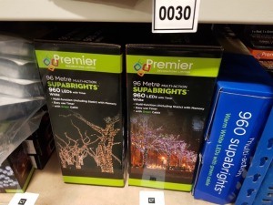 9 PIECE ASSORTED BRAND NEW PREMIER LIGHT LOT CONTAINING 3 X 96M MULTI ACTION 960 LED SUPABRIGHTS, 2 X 200 LED MULTI ACTION SUPABRIGHTS AND 4 X 3.7 METRE MULTI ACTION 288 LED CLUSTER SUPABRIGHTS.