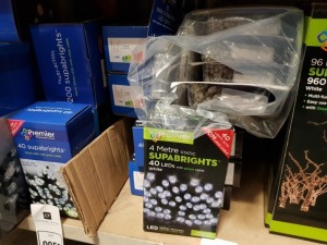 24 PIECE ASSORTED BRAND NEW PREMIER LIGHT LOT CONTAINING 5 X 288 LED MULTI ACTION SUPABRIGHTS, 4 X 40 LED SUPABRIGHTS, 3 X 50 MULTI ACTION BATTERY OPERATED PIN WIRE TIME LIGHTS, 10 X 35 STATIC & FLASHING LED LIGHTS AND 4 METRE 40 LED STATIC SUPABRIGHTS.