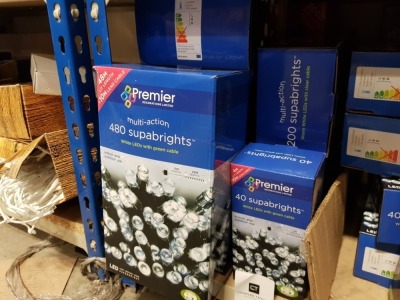 8 PIECE ASSORTED BRAND NEW PREMIER LIGHT LOT CONTAINING 25 METRE 2000 WHITE LED MULTI ACTION CLUSTER SUPABRIGHTS, 4 X 480 LED MULTI ACTION SUPABRIGHTS, 40 LED SUPABRIGHTS, 200 LED MULTI ACTION SUPABRIGHTS AND 5.8METRE SUPABRIGHTS SNOWING ICICLES (240 LEDS