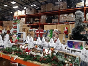 APPROX 70+ PIECE ASSORTED BRAND NEW PREMIER CHRISTMAS LOT CONTAINING SMALL CHRISTMAS TREE, 16CM LIT TRAIN SCENE, 50CM LIT WOODEN CHURCH, ANIMATED VILLAGE SCENE, CHRISTMAS ORNAMENTS, 1.5M WHITE WILLOW WALL LIGHT, WOODEN SCENE BOXES, LED CANDLES, VARIOUS HO