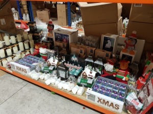 APPROX 200+ PIECE ASSORTED BRAND NEW PREMIER CHRISTMAS LOT CONTAINING ANIMATED VILLAGE SCENE, 1.5M LED CLIMBING SANTA, 30CM LIT WOODEN HOUSE, ANIMATED SCENE LANTERNS, 24CM ACRYLIC PENGUINS, RIBBONS, LIGHT UP TRAIN, LIT WOODEN XMAS SIGN, LED CANDLES, SANTA