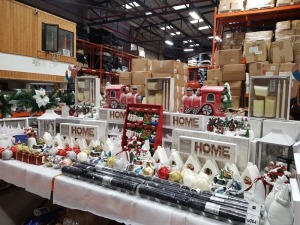 APPROX 150 + PIECE ASSORTED BRAND NEW PREMIER CHRISTMAS LOT CONTAINING SHATTERPROOF DECORATIONS, 28X46CM RED TRAIN W B/O LED AND MUSIC, ANIMATED VILLAGE SCENE, LANTERN ANIMATED SCENE, LIT 'HOME' WOODEN SIGN, VARIOUS CHRISTMAS ORNAMENTS, SANTA PLEASE STOP 