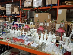 APPROX 140+ PIECE ASSORTED BRAND NEW PREMIER CHRISTMAS LOT CONTAINING ANIMATED VILLAGE SCENE, WHITE WATER LANTERN, LANTERN ANIMATED SCENE, VARIOUS HANGING DECORATIONS, GLITTER, RIBBONS, SHATTERPROOF DECORATIONS, CHRISTMAS ORNAMENTS, 61.5CM WHITE WOODEN GL