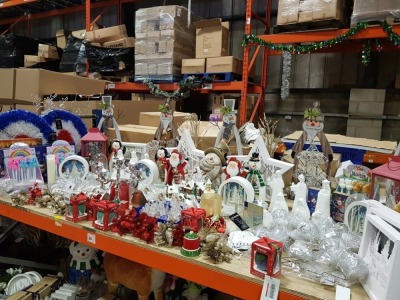 APPROX 150 PIECE ASSORTED BRAND NEW PREMIER CHRISTMAS LOT CONTAINING CHRISTMAS ORNAMENTS, 10CM COLOUR CHANGING LED ANGEL, LANTERN ANIMATED SCENE, METAL SANTA AND PENGUIN ORNAMENTS, RIBBONS, HANGING DECORATIONS, TALL WOODEN SNOWMEN, VARIOUS HOUSE AND TREE